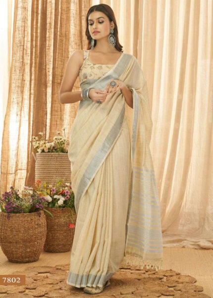 Linen Saree with Silver Zari Woven Border