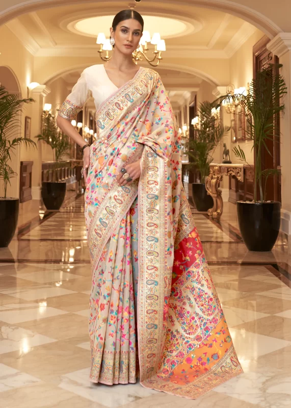 Cream Kashmiri Jamawar Saree