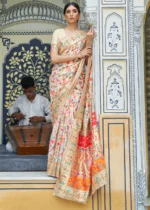 Cream Kashmiri Jamawar Woven Banarasi Silk Saree