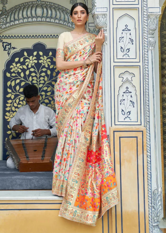 Cream Kashmiri Jamawar Woven Banarasi Silk Saree