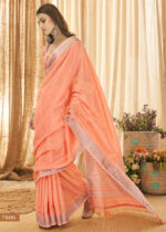 Peach Linen Saree with Silver Zari Woven Border