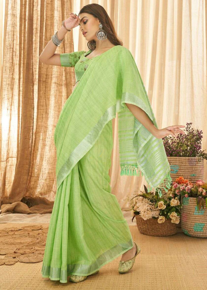 Green Linen Saree with Silver Zari Woven Border