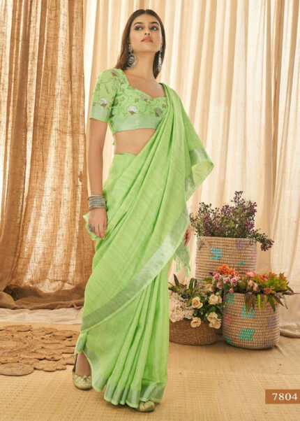 Green Linen Saree with Silver Zari Woven Border