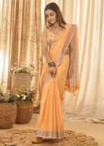 Light Orange Linen Saree with Silver Zari Woven Border