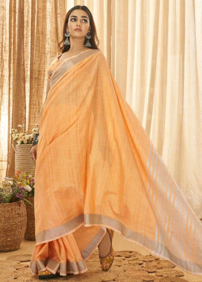 Light Orange Linen Saree with Silver Zari Woven Border