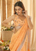 Light Orange Linen Saree with Silver Zari Woven Border