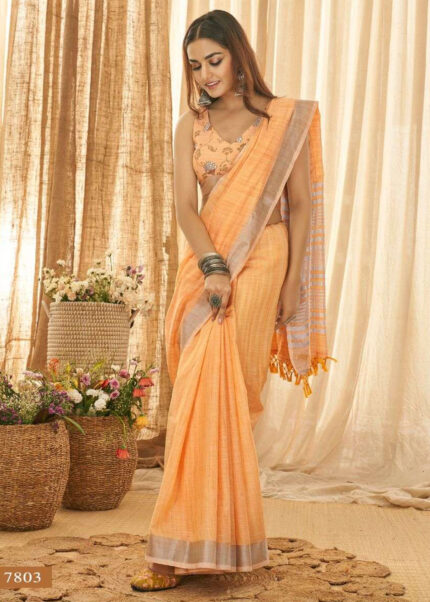 Light Orange Linen Saree with Silver Zari Woven Border