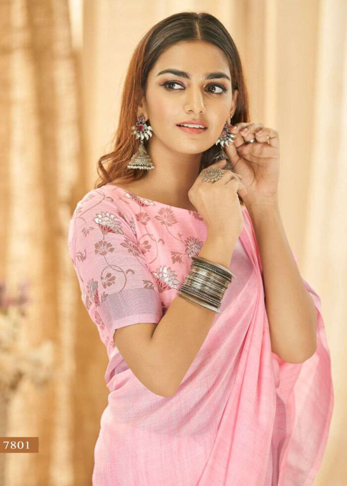 Pink Linen Saree with Silver Zari Woven Border