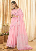 Pink Linen Saree with Silver Zari Woven Border