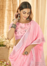 Pink Linen Saree with Silver Zari Woven Border