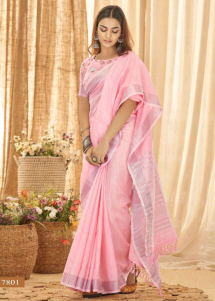 Pink Linen Saree with Silver Zari Woven Border