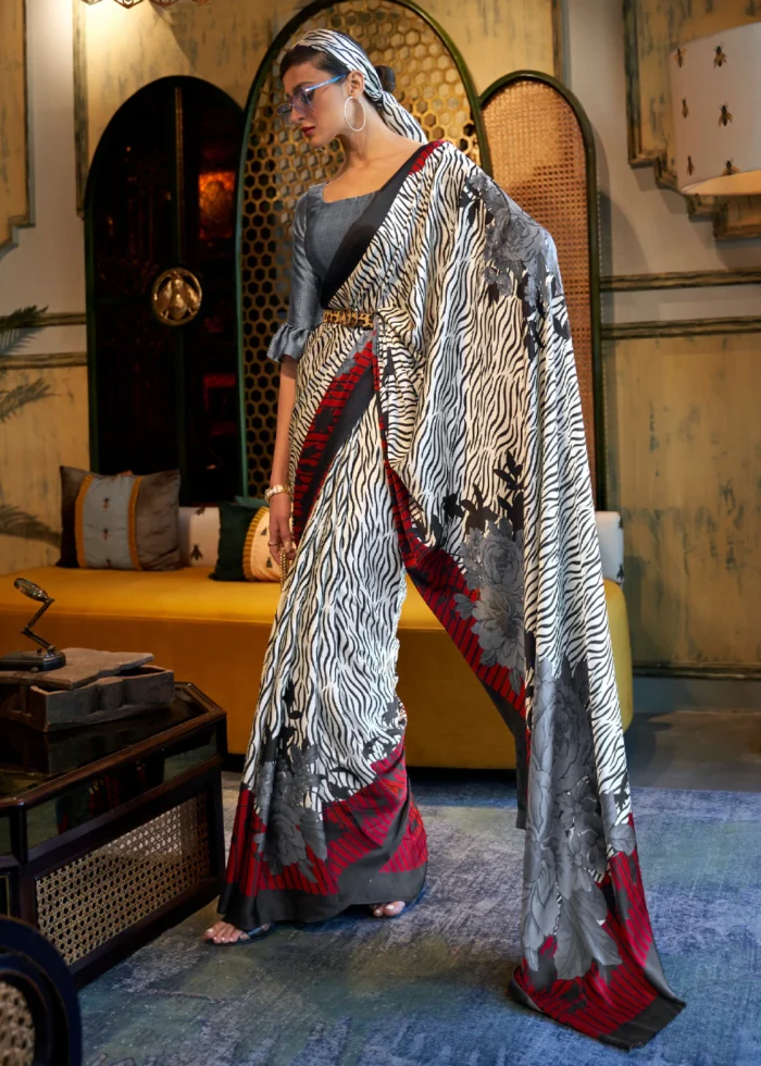 White & Black Satin Crepe Printed Saree