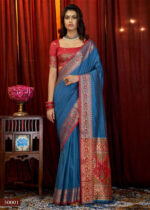 Blue & Red Woven Tussar Silk Saree