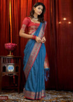 Blue & Red Woven Tussar Silk Saree