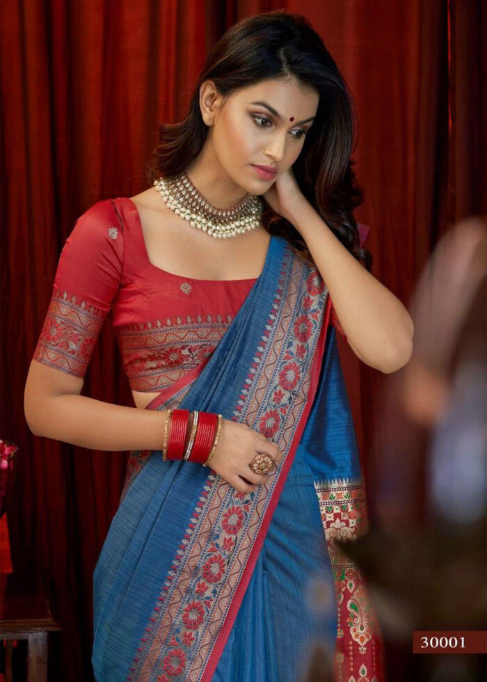 Blue & Red Woven Tussar Silk Saree