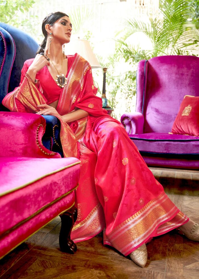 Beautiful Dark Pink Smooth Silk Banarasi Weave Saree