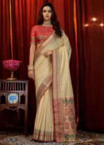 Beige & Brick Red Woven Tussar Silk Saree