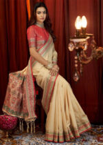 Beige & Brick Red Woven Tussar Silk Saree