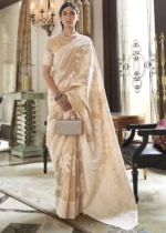 Beige Cotton Silk Lucknowi Saree