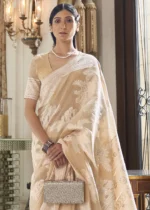 Beige Cotton Silk Lucknowi Saree