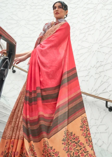 Beige Satin Crepe Kalamkari Printed Saree