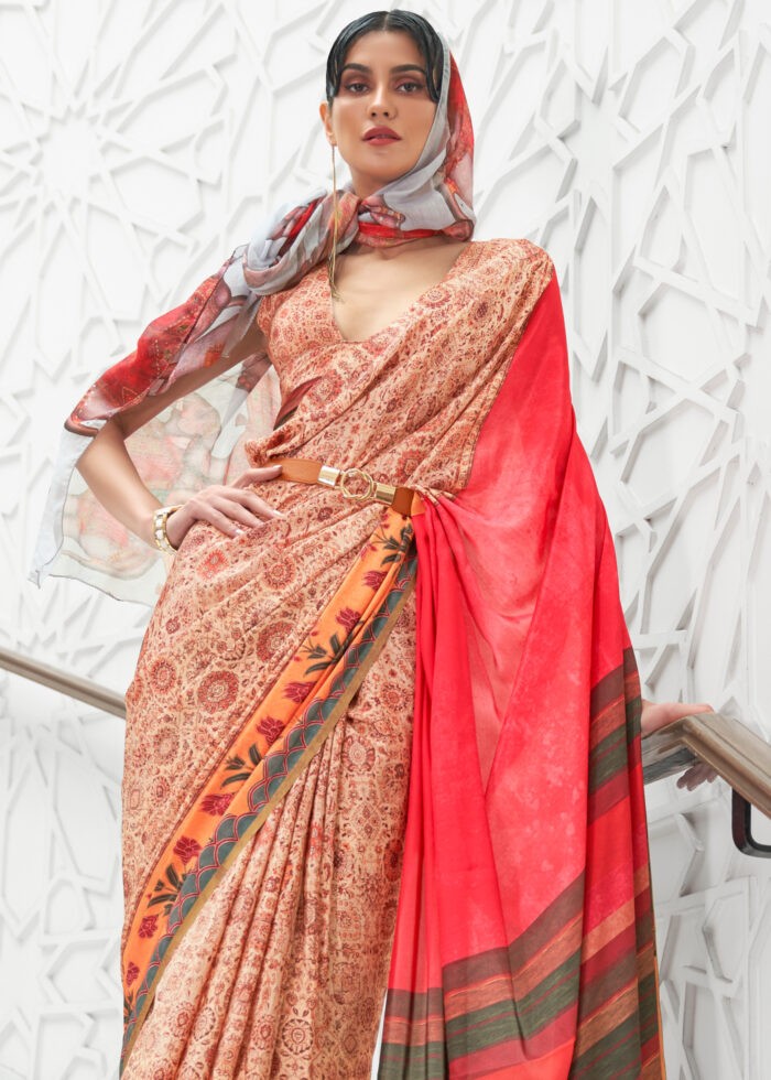 Beige Satin Kalamkari Saree