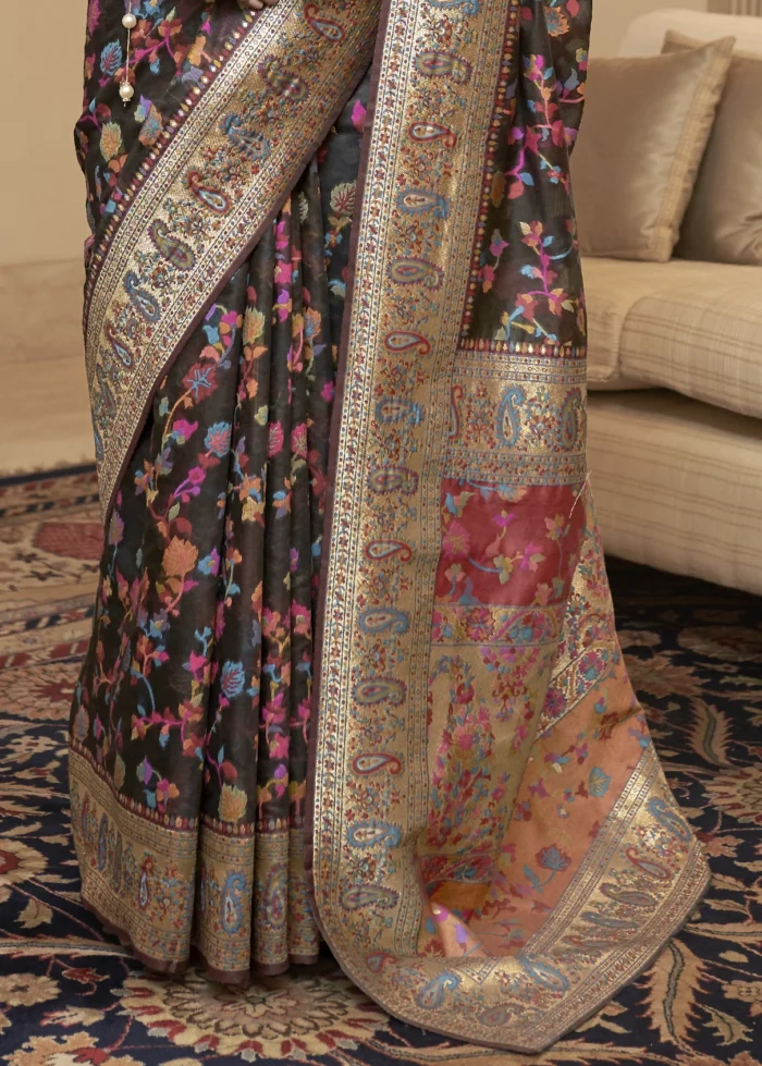 Black Kashmiri Jamawar Saree