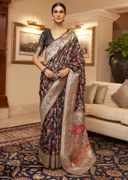 Black Kashmiri Jamawar Woven Banarasi Silk Saree