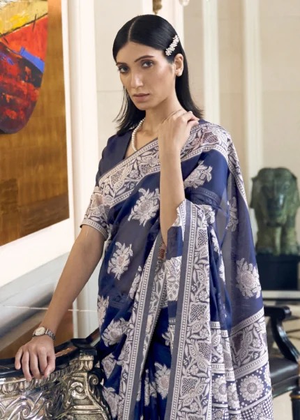 Blue Cotton Silk Saree with Lucknowi Weaving