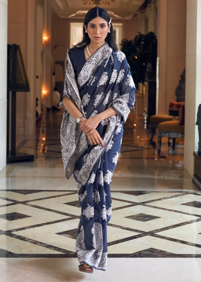 Blue Cotton Silk Saree with Lucknowi Weaving