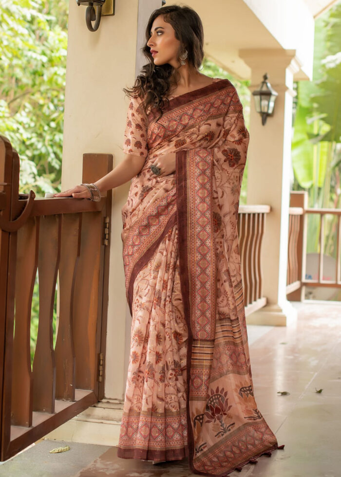 Cream Digitally Printed Linen Saree