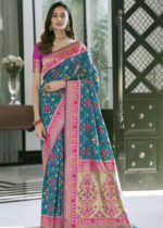 Dark Cyan & Fuchsia Woven Patola Silk Saree