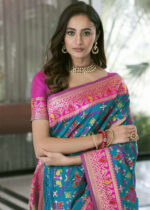 Dark Cyan & Hot Pink Woven Patola Silk Saree