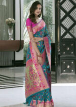 Dark Cyan & Hot Pink Woven Patola Silk Saree