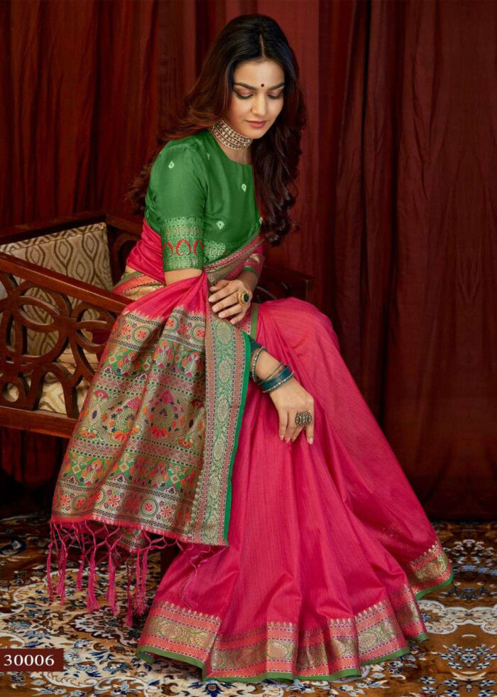 Dark Pink & Green Woven Tussar Silk Saree