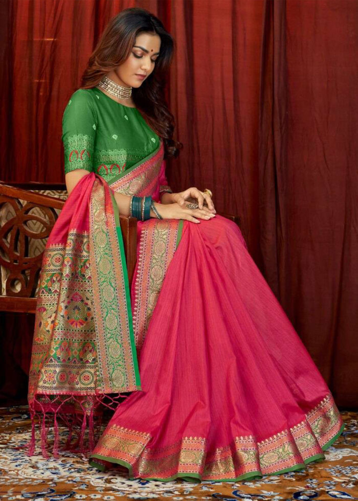 Dark Pink & Green Woven Tussar Silk Saree