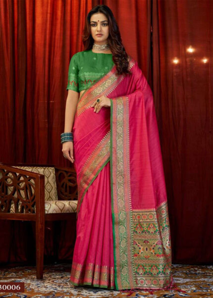 Dark Pink & Green Woven Tussar Silk Saree