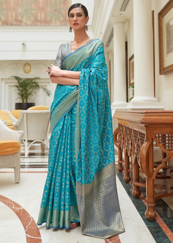 Dark Sky Blue Woven Patola Silk Saree