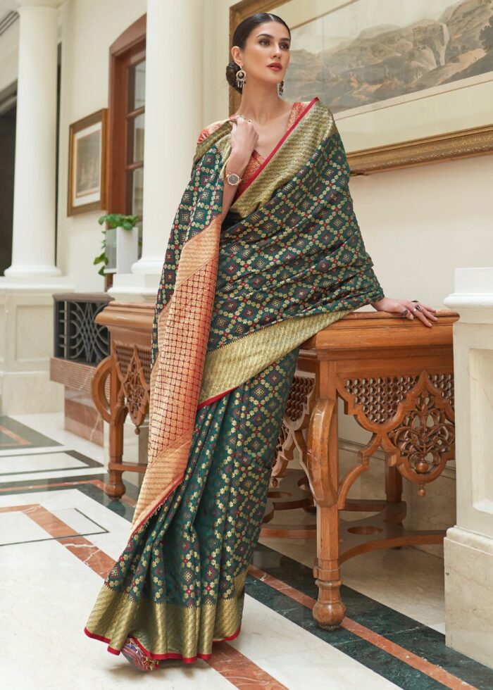 Emerald Green & Burgundy Woven Patola Silk Saree