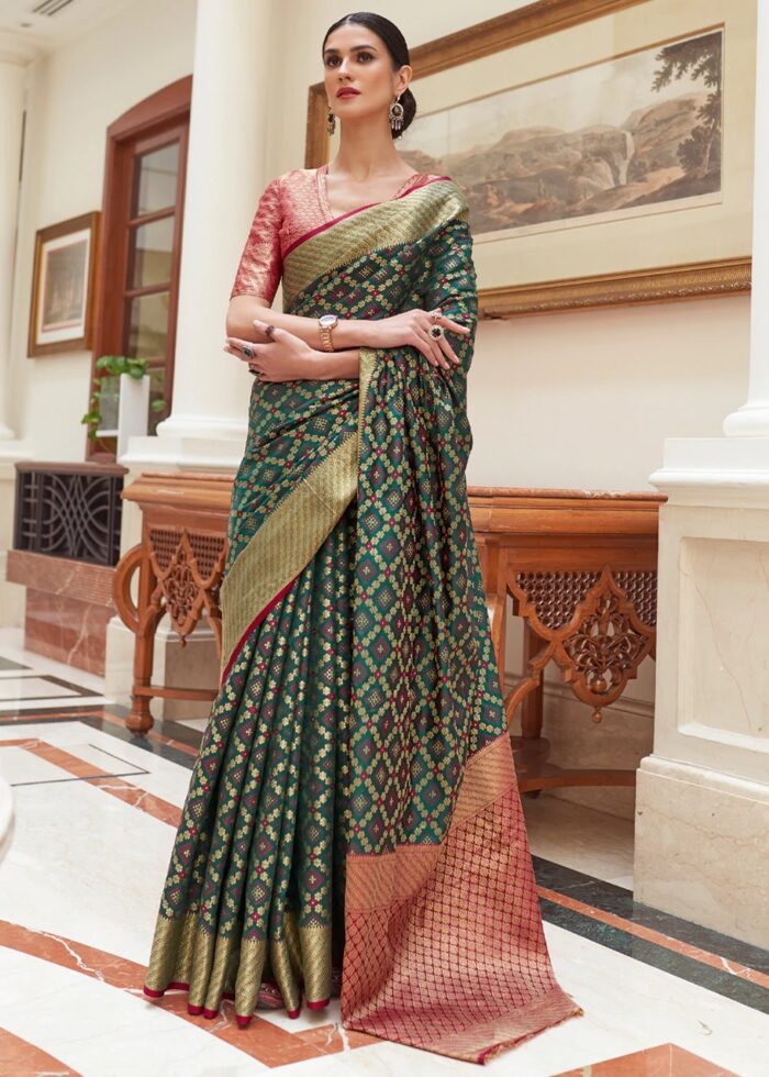 Emerald Green & Burgundy Woven Patola Silk Saree