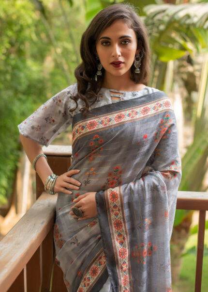 Gray Digitally Printed Linen Saree