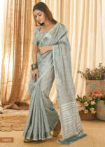 Gray Linen Saree with Silver Zari Woven Border