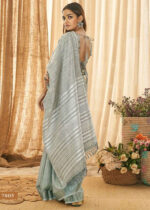 Gray Linen Saree with Silver Zari Woven Border