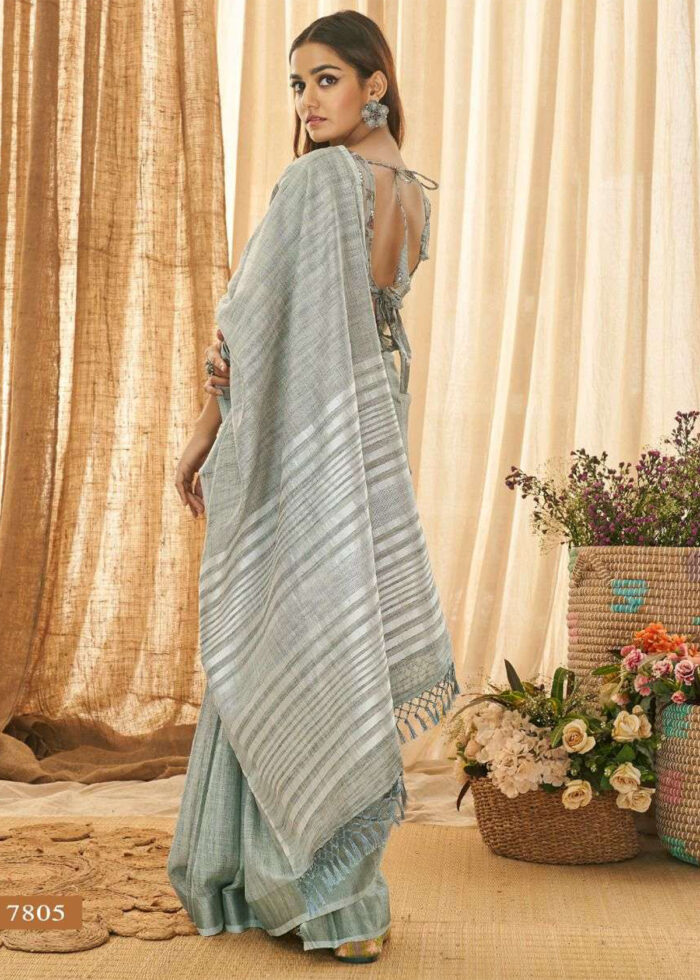 Gray Linen Saree with Silver Zari Woven Border