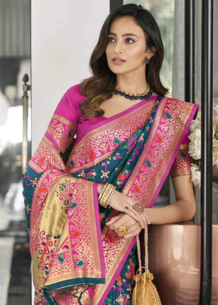 Midnight Green & Hot Pink Woven Patola Silk Saree