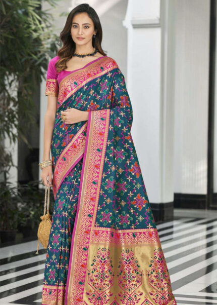 Midnight Blue & Fuchsia Woven Patola Silk Saree