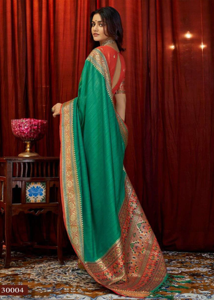 Jungle Green & Brick Red Woven Tussar Silk Saree