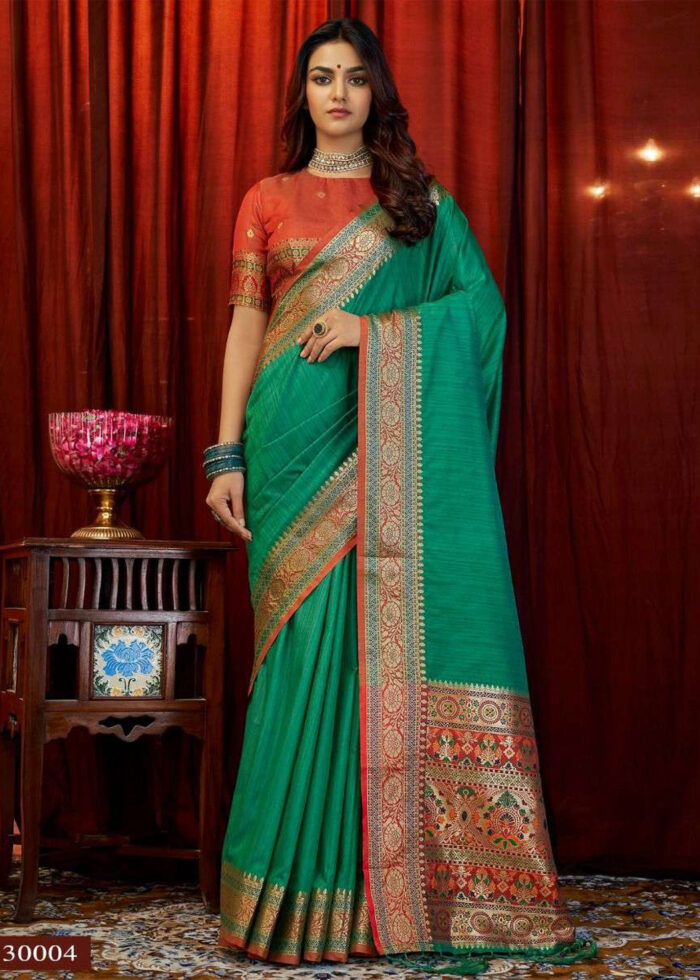 Jungle Green & Brick Red Woven Tussar Silk Saree