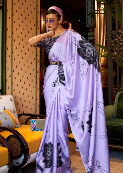 Lavender Purple Satin Silk Printed Saree