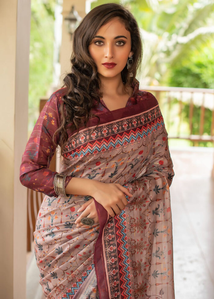 Maroon Digitally Printed Linen Saree